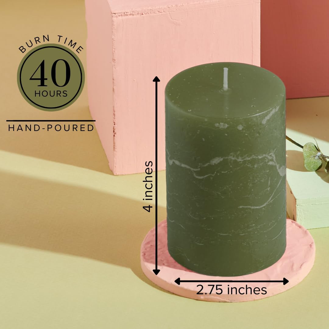 3X4 Inch Dark Moss Green Pillar Candles Set of 3, Rustic Texture, Unscented Green Candles, Dripless Candles, 3 Inch Pillar Candles for Wedding Parties Spas Dinner Home Decoration Church